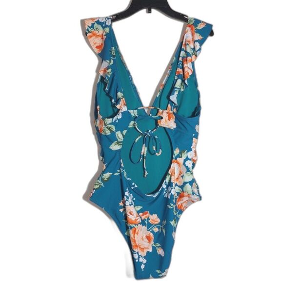 NWOT Cupshe Women's Sunny Flower Ruffled Lace-Back 1-Piece Swimsuit Teal Size XL - Picture 9 of 14